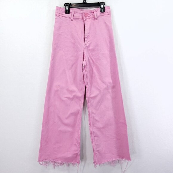 Zara Denim - Zara Pink The Marine Flare Stretch Wide Leg Raw Hem High Rise Jean Size 4